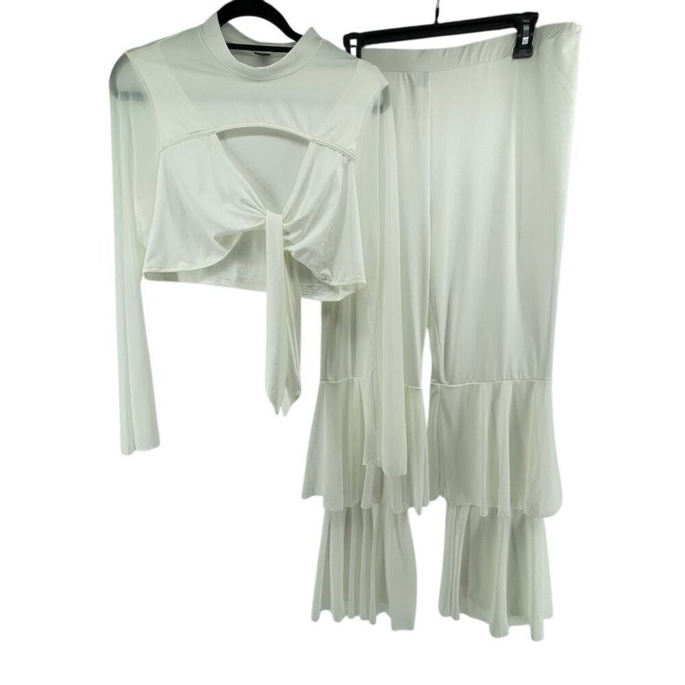 SHEIN Curve White Cut Out Tie Front Top Ruffle Flare Pants Set Size 1XL - Picture 2 of 16